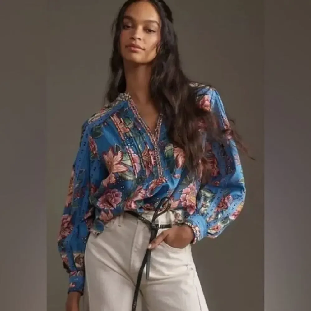 Farm Rio Wonderful Bouquet Floral Blue Long Sleeve Blouse Size Small